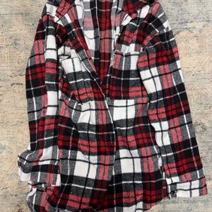 Red Black White Plaid Button-Up Flannel Shirt